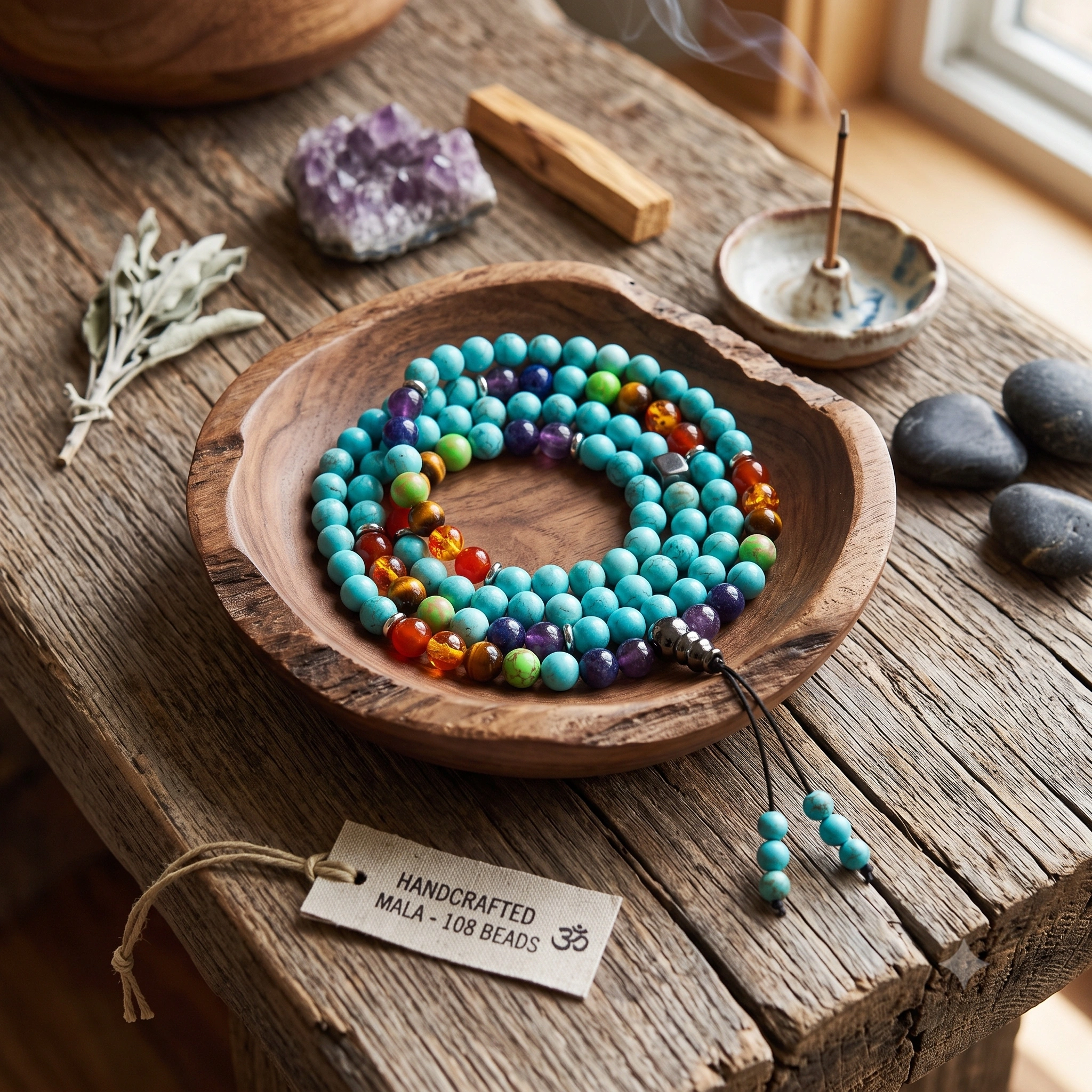Buddhist Prayer Turquoise Mala with  7 Chakra Beads