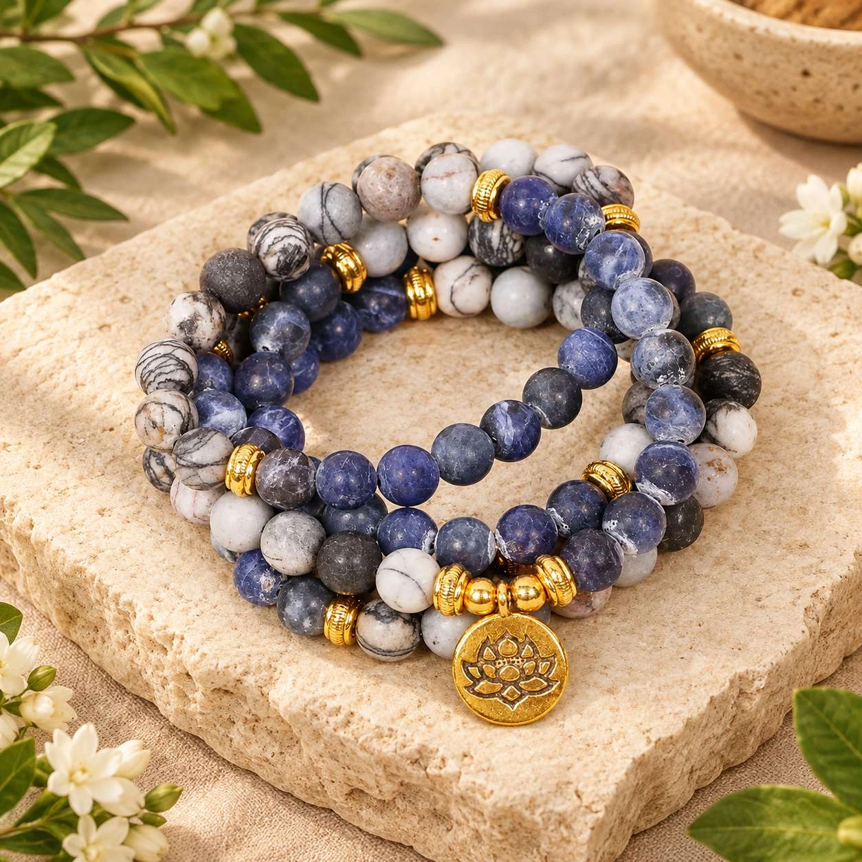 Natural Blue Picasso Jasper 6mm Round Smooth Beaded Handmade Prayer Mala